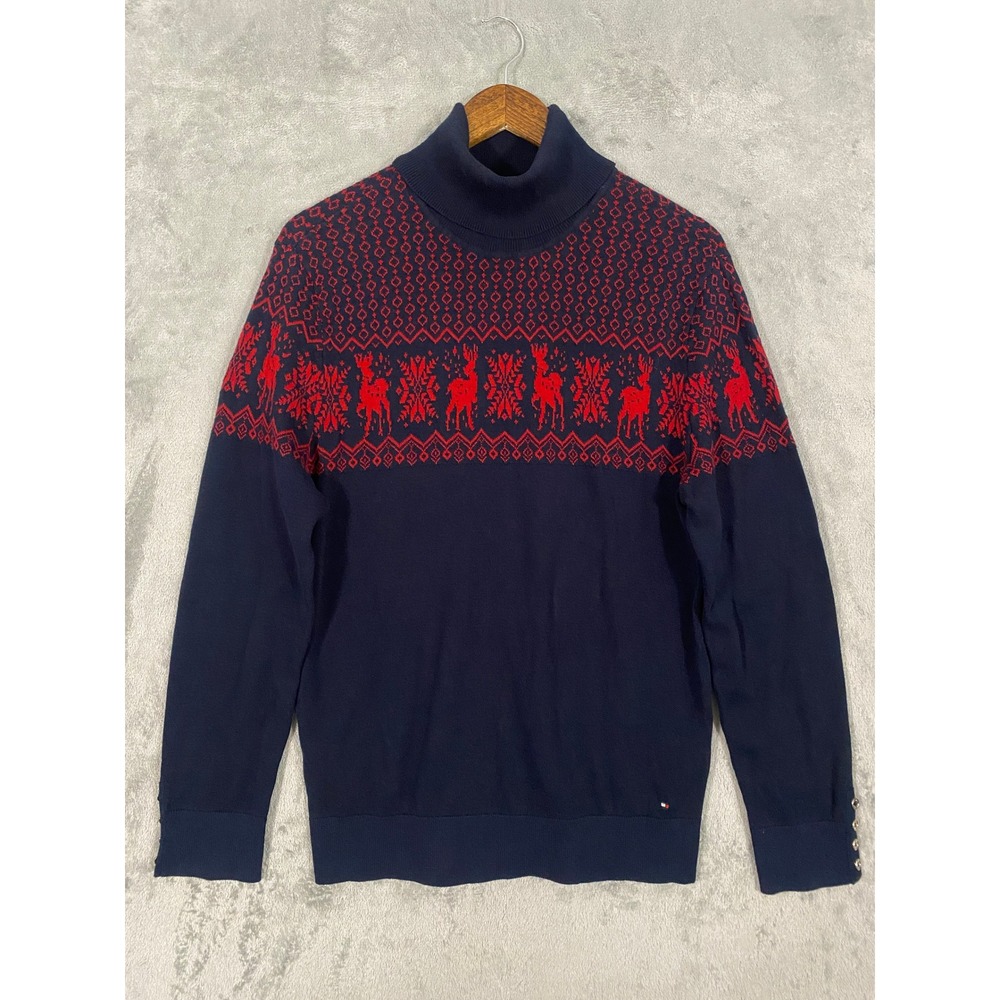 Tommy Hilfiger Sweater Womens M Navy Red Reindeer Fair Isle Turtleneck Cotton